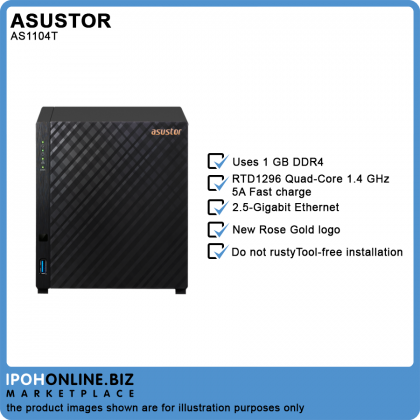 Asustor AS1104T / QC 1.4GHz/ 1GB DDR4 / 4 Bay / 1 x 2.5G Lan Port/2 USB 3 NAS Storage